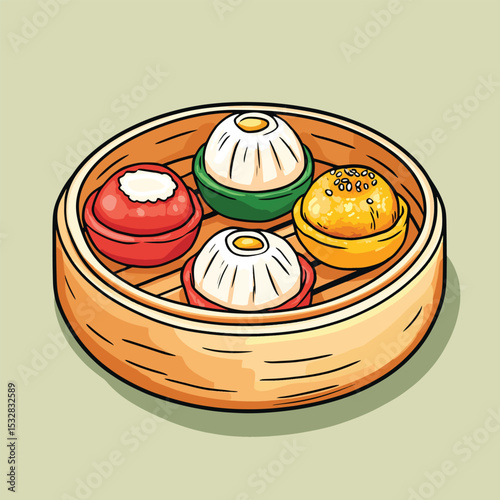 Colorful Steamed Buns in Bamboo Steamer Basket