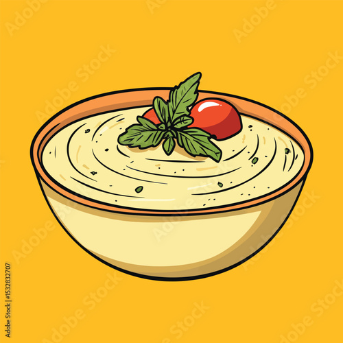 Creamy Hummus Bowl with Cherry Tomatoes and Basil Garnish