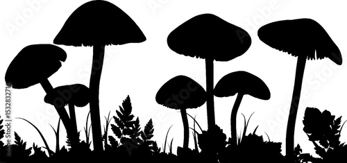 Magical fairies and mushrooms silhouette border for fantasy design