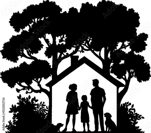 Family of four and pets in cozy home silhouette under tree canopy