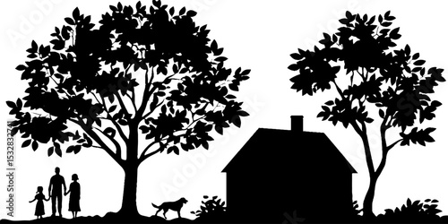 Family of four with dog in nature near cozy home silhouette illustration