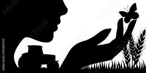 Farmer silhouette with tractor, wheat sheaf, and butterfly in harvest scene