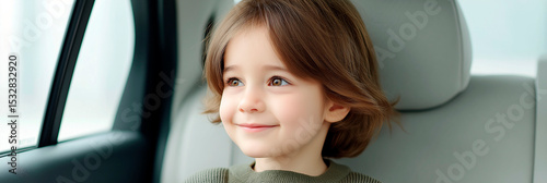 Smiling young child with long hair sitting in car seat and looking out window with joyful expression