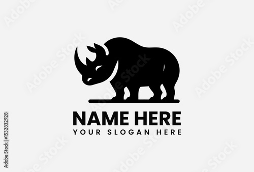 Black vector rhinoceros logo with prominent horn silhouette representing conservation strength and endangered species protection