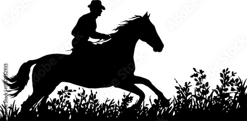 Equestrian adventure silhouette of horse and rider galloping through nature