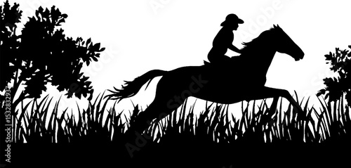 Silhouette of horse rider galloping through nature with trees and grass