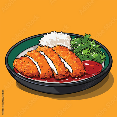 Crispy Katsu Curry Rice Bowl with Greens and Sauce