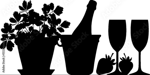 Celebration setting with champagne in ice bucket, flutes, potted plant, and strawberries silhouette