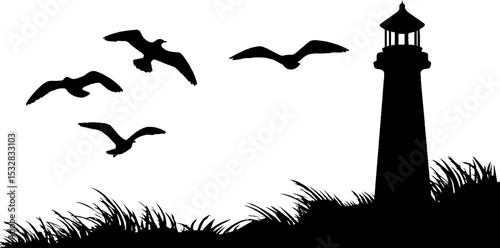 Lighthouse and seagulls in silhouette against grassy border for nautical design