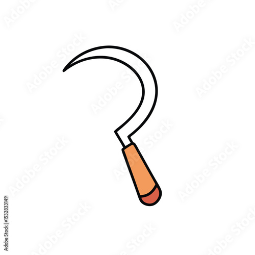 Isolated vector illustration of a hand sickle tool with a wooden handle on white