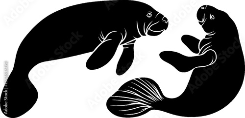 Silhouette of manatee and dugong marine life design for aquatic themed projects