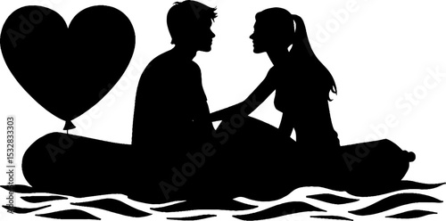 Romantic couple on paddle boat with heart shaped balloon in silhouette design