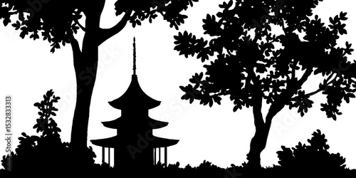 Pagoda and cherry trees silhouette with nature border for design