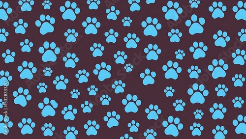 Seamless Pattern of Light Blue Paw Prints on Dark Brown Background