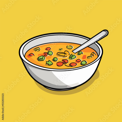 Delicious Cartoon Soup Bowl with Spoon Colorful Vegetables and Bright Orange Broth