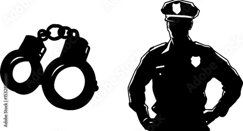 Police officer and badge silhouette with handcuffs for law enforcement themes