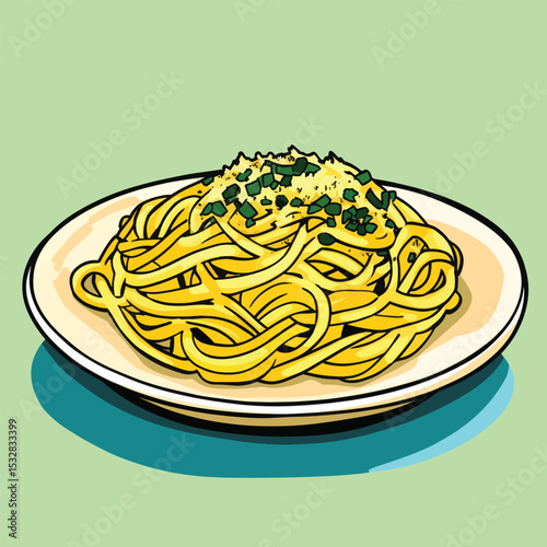 Delicious Cartoon Spaghetti Pasta Dish with Green Garnish on a Plate