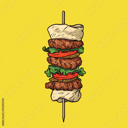 Delicious Grilled Meat Skewer with Bread and Tomato