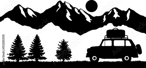Scenic road trip adventure with car and suitcase against mountain backdrop