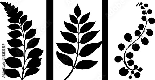 Set of abstract leaf designs with spiral lines and dot trails for artistic decoration