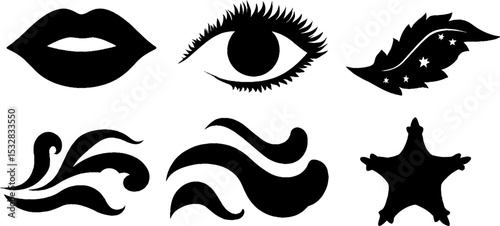 Stylized abstract elements featuring swirl eye, lips, and wave designs for creative projects