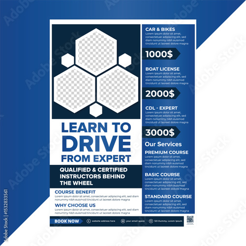 Promote your driving school services with this professionally designed flyer template—features car courses, instructor promos, and pricing blocks