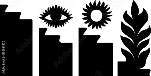 Abstract geometric art with eye motif, stair patterns, and sun disc in black and white
