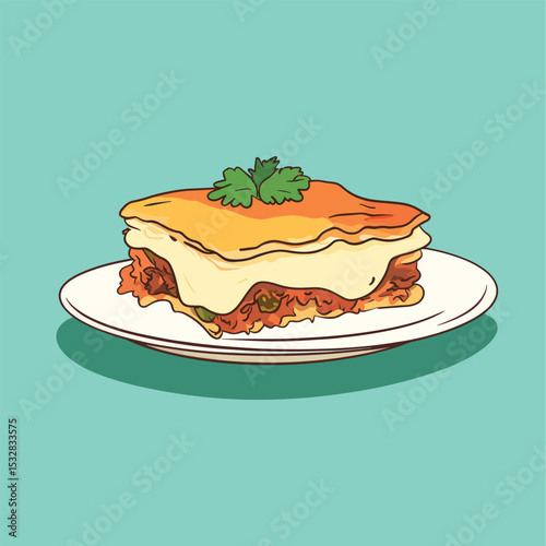 Delicious Lasagna Slice Topped with Parsley on a White Plate Illustration