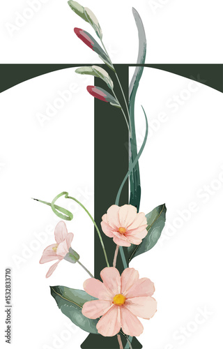 Fototapeta Naklejka Na Ścianę i Meble -  Floral arrangement is in watercolor featuring pink daisy blossoms and buds, transparent background