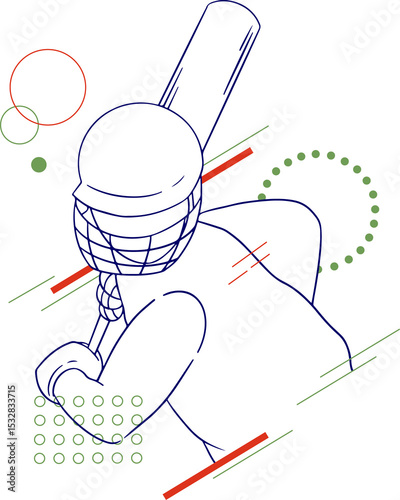 Line-art cricket batsman is raising bat high on transparent background with abstract shapes