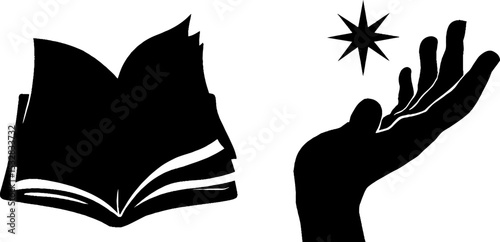 Enchanted book and magical hand silhouette with star for mystical design
