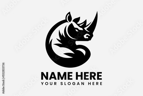 Black vector rhinoceros logo with prominent horn silhouette representing conservation strength and endangered species protection