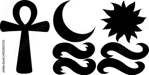 Spiritual symbols collection featuring ankh, crescent moon, and star elements for design projects