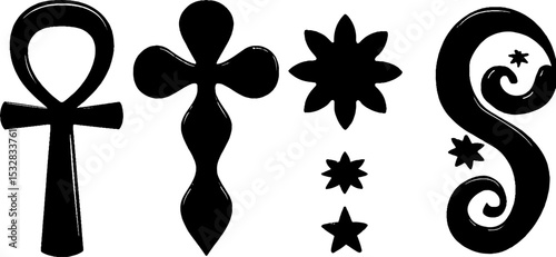 Spiritual and mystical symbols collection featuring ankh, crescent moon, and star