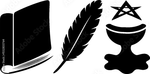 Mystical symbolism with book, pentagram, feather, and chalice silhouettes for esoteric designs