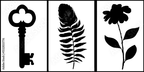 Vintage key, crow feather, and flower silhouettes for artistic design