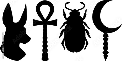 Ancient egyptian symbols: anubis silhouette, ankh staff, and scarab set for design uses