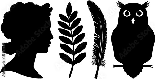 Ancient greek athena theme with silhouette, owl, feather, and spear motifs for mythology designs