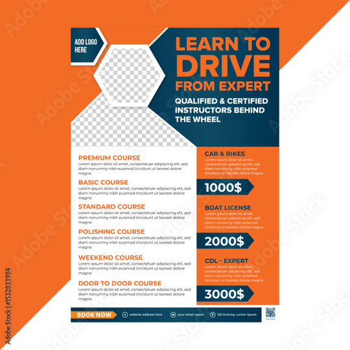 Editable flyer for car and motorbike driving schools offering modern design for licensed training, basic to expert levels, and student driver ads