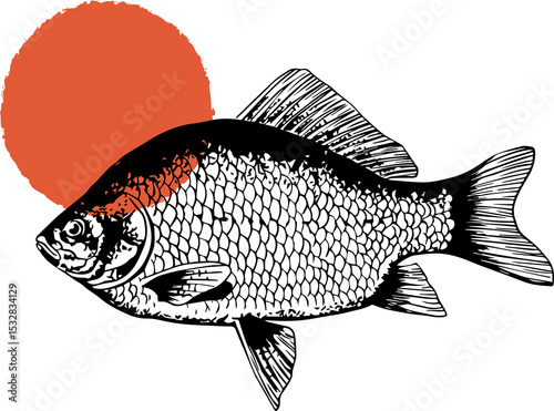 Showing drawn fish with detailed scales and fins against red orange circle, transparent background