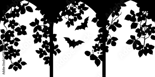 Gothic arch with bats in flight and ivy vine silhouettes for halloween decor