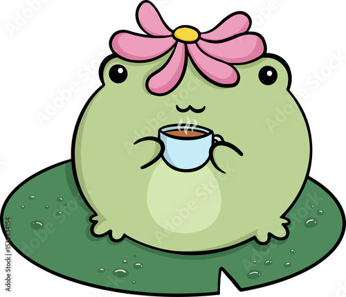 Fototapeta Naklejka Na Ścianę i Meble -  Green frog is sitting on lily pad with dew, holding blue cup, in flat, transparent background