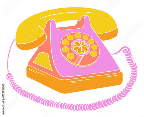 Flat design retro telephone is showing handset, citrus dial, pink cord, transparent background