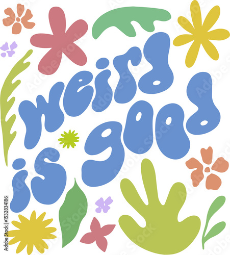 Stylized 'mermaid is good' is floating over botanical blobs in flat design on transparent field
