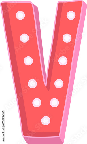 3D stylized marquee letter V is floating on transparent background, showing glowing circular bulbs
