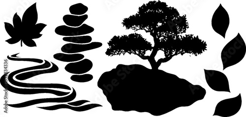 Tranquil zen garden elements: bonsai tree, rock stack, and ripple design for calm