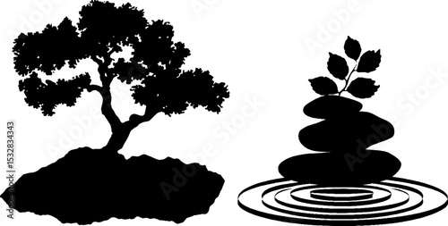 Tranquil bonsai tree and balanced rock stack with ripple effect for zen decor