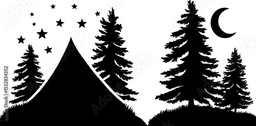 Celestial boho tent silhouette with stars and pine trees under night sky