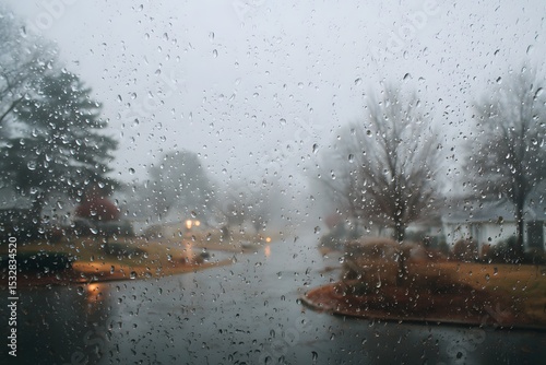 Rainy day view through a window with raindrops, showcasing a tranquil street scene. The scene is muted by the weather, emphasizing the somber mood