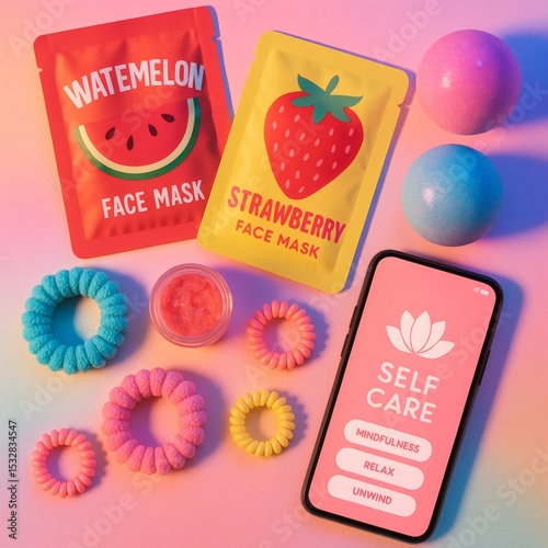 Teen Spa Essentials Flat Lay with Face Masks, Bath Bombs, Hair Ties and Self-Care App in Bright Pastel Colors